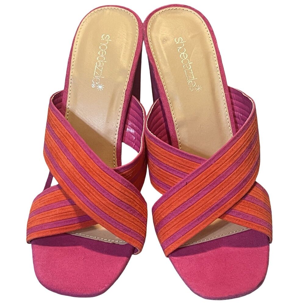 Shoedazzle Sandals Sz 10M Block Heel Slide Suede Mule Cross Strap Pink Orange